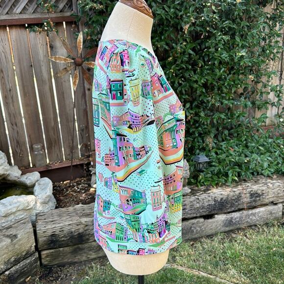Pink Owl Vibrant Colorful City Scene 3/4 Sleeve Top Woman's Small - Picture 4 of 8